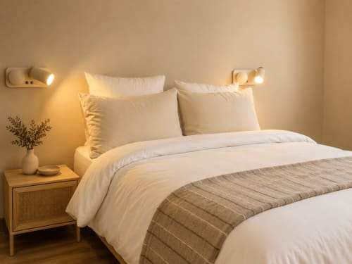 Quarto Maria na Quinta Do Carril B&B com elegante roupa de cama creme, iluminação aconchegante, criado-mudo de madeira com flores secas e