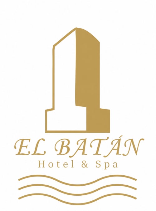 Logo del Hotel & Spa El Batán con silueta dorada de edificio y líneas onduladas de agua, Castillo de Locubín