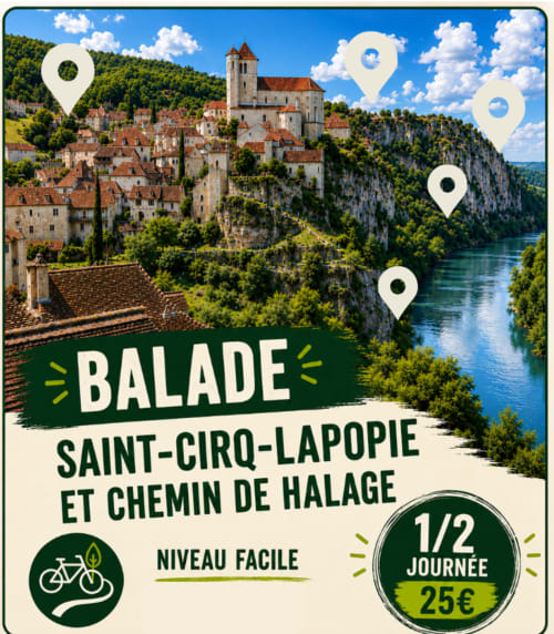 Village médiéval avec château et rivière en vallée, sentier vélo Saint-Cirq-Lapopie, visite guidée 25€ demi-journée