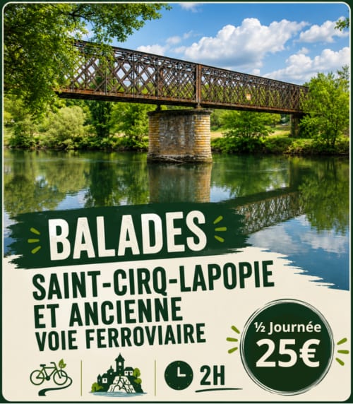 Balades tour Saint-Cirq-Lapopie : sortie à vélo demi-journée le long d'une ancienne voie ferrée, 25€