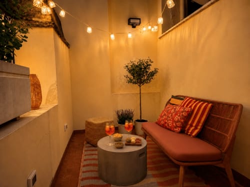 Accogliente salotto di appartamento romano con divano arancione, luci stringa calde, tavolo rotondo con cocktail e pianta in vaso