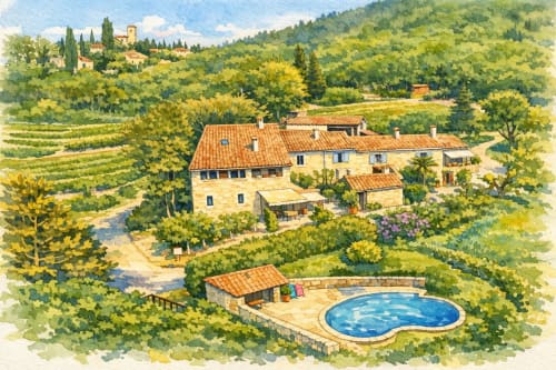 La maison d'hôtes Les Vergers de la Bouligaire à Mirmande avec piscine, jardins et architecture de style toscan