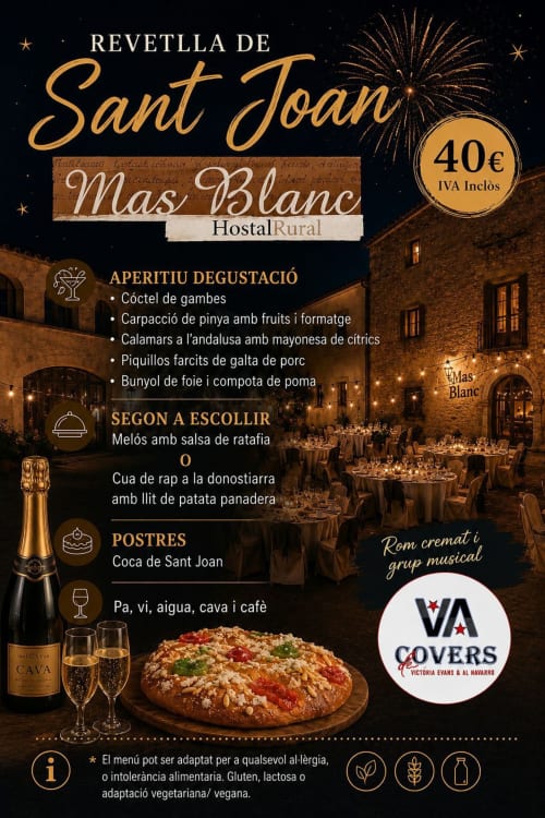 Menú de celebración de Sant Joan en Mas Blanc Rural Hostal de Barcelona con tapas, platos principales y postres por 40 €