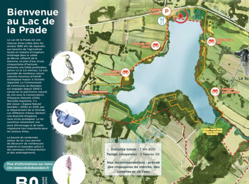 Carte de la réserve naturelle du Lac de la Prade près de Sigalens, France avec sentier de randonnée et points d'observation de la faune.