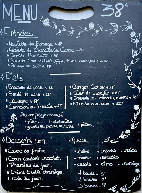 Tableau menu du restaurant Domaine Pero Longo à Sartène présentant les plats corses et leurs tarifs