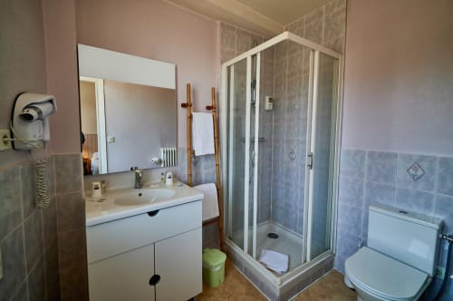 Modern bathroom at La Caravelle Hotel in Riom with shower cubicle, sink, toilet, and pink walls