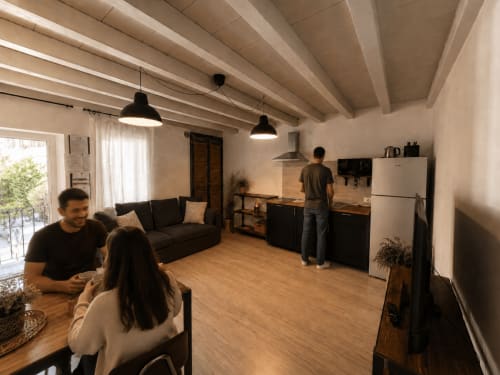 Modernes offenes Apartment im Zentrum von Bergamo mit Wohnbereich, Küche und Essbereich mit Balkendecken