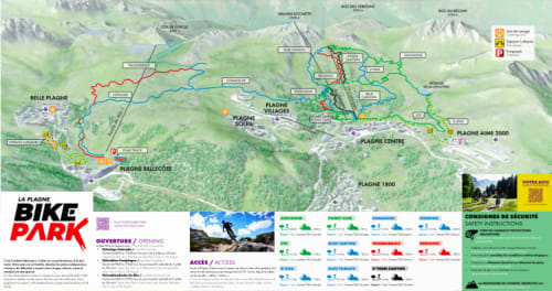 Carte des sentiers du Bike Park La Plagne montrant les itinéraires VTT à travers Belle Plagne, Plagne Centre et les zones environnantes
