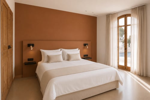 Chambre moderne et lumineuse au Palmier Aigues-Mortes avec mur accent en terre cuite, linge blanc et portes-fenêtres