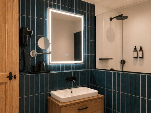 Modern bathroom at Le Palmier Aigues-Mortes with dark teal tiles, illuminated mirror, wooden vanity, and rainfall shower
