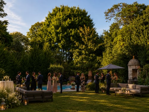 Soirée élégante au Logis des Tourelles à Cognac avec invités, places assises sur la pelouse et piscine en arrière-plan