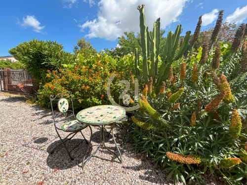 Coin salon ensoleillé de la villa Century 21 à L'Île-Rousse avec cactus, plantes fleuries et mobilier de terrasse métallique