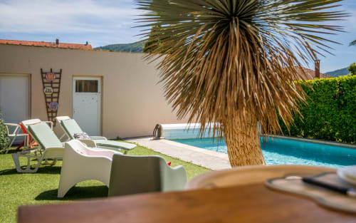Private villa pool with palm tree, lounge chairs, and manicured garden in Millau, France