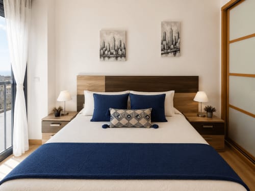 Dormitorio moderno con ropa de cama azul y blanca, cabecero de madera y cuadro del skyline en el apartamento Holibai de Baiona