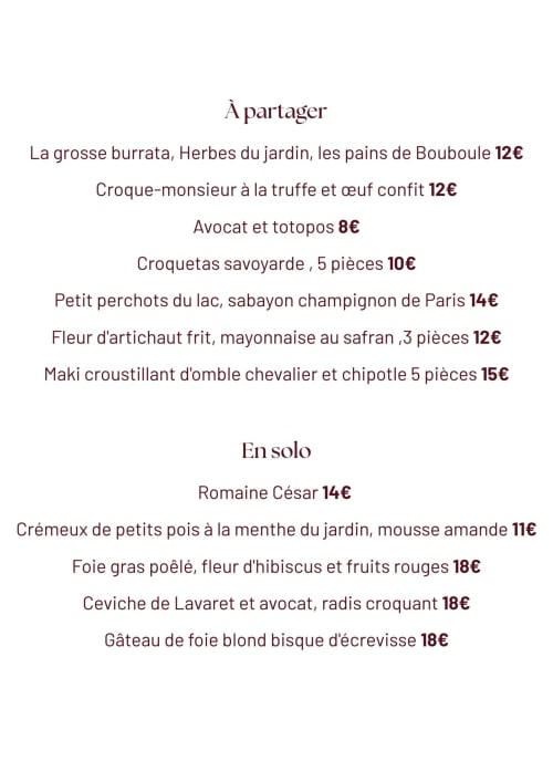 Menu du restaurant français de l'hôtel Savoy Le Bourget-du-Lac avec entrées et plats individuels, tarifs en euros