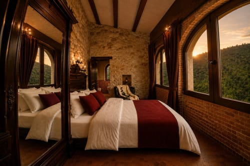 Lujosa habitación medieval con vistas a la montaña en La Manyosa, Barcelona. Muros de piedra, elegante cama con corredor rojo, arcos