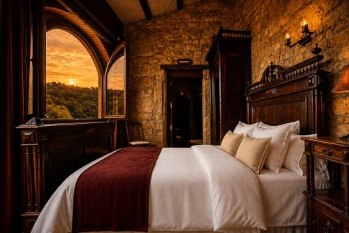 Dormitorio medieval de piedra con cama con dosel, vista de puesta de sol en montañas por ventana ojival, Fortaleza La Manyosa, Barcelona