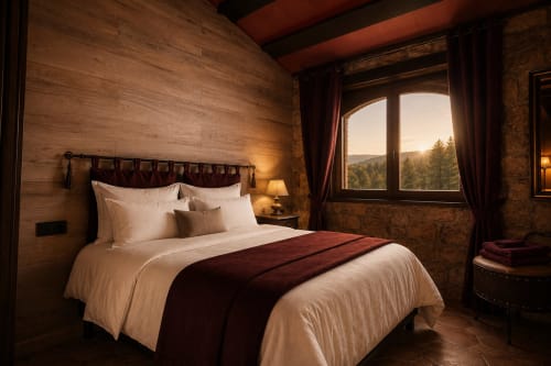 Dormitorio de lujo en Fortaleza Medieval La Manyosa con vistas a las montañas, vigas de madera, muros de piedra y mobiliario elegante