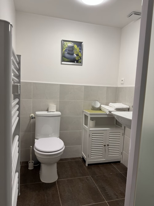 Salle de bain propre du gîte du Mercadal avec toilettes, meuble de rangement blanc, carrelage foncé et art mural décoratif