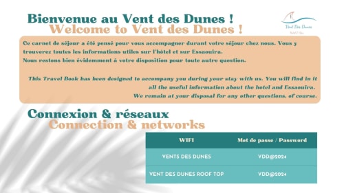 Vent Des Dunes hotel welcome guide showing WiFi connection details and passwords for Essaouira accommodations