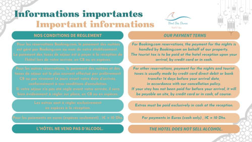 Vent Des Dunes hotel payment terms and house rules in French and English