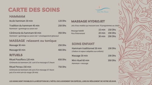 Vent Des Dunes spa menu listing hammam, massage, hydrojet and ritual treatments in Essaouira
