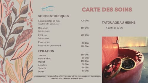 Vent Des Dunes & Spa Essaouira service menu featuring facial care, manicure, pedicure, epilations, henna tattoos with pricing