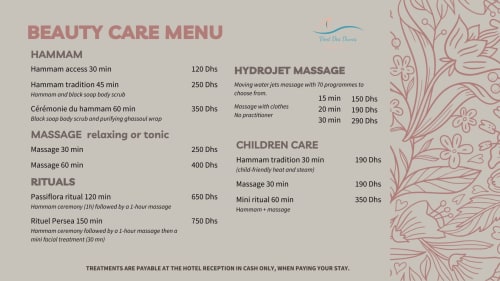 Vent Des Dunes & Spa beauty care menu featuring hammam, massage, hydrojet, and children's treatments in Essaouira