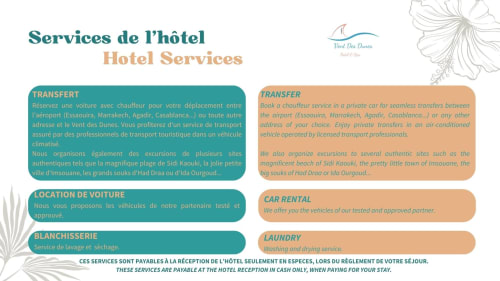Vent Des Dunes hotel services in Essaouira: transfers, car rental, laundry, and excursions