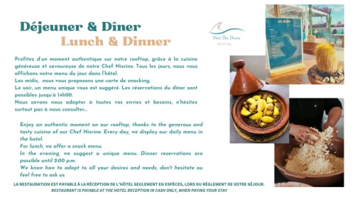 Vent Des Dunes rooftop dining menu in Essaouira with traditional Moroccan cuisine and ocean views
