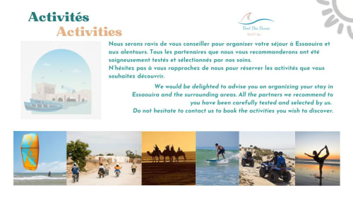 Vent Des Dunes activities in Essaouira: kitesurfing, cycling, camel rides, surfing, quad biking, yoga