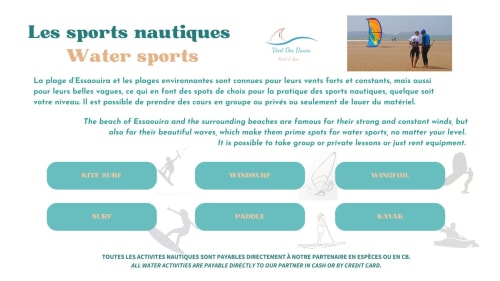 Vent Des Dunes water sports activities in Essaouira: kite surf, windsurfing, wingfoil, surf, paddle, and kayak lessons and