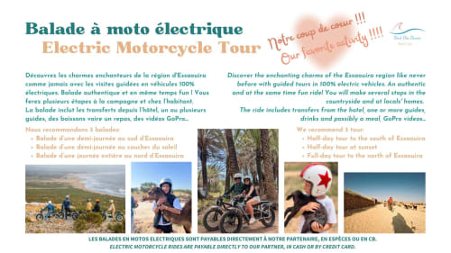 Electric motorcycle tour options in Essaouira region with guides and scenic countryside stops from Vent Des Dunes & Spa hotel