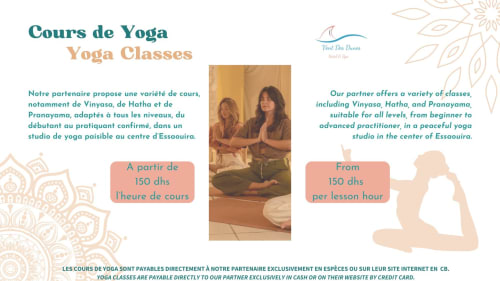 Yoga classes at Vent Des Dunes Spa in Essaouira. Two instructors demonstrating poses in a peaceful studio setting.