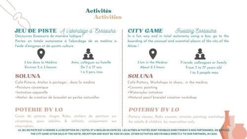 Activities guide for Vent Des Dunes & Spa hotel in Essaouira featuring city games and pottery workshops