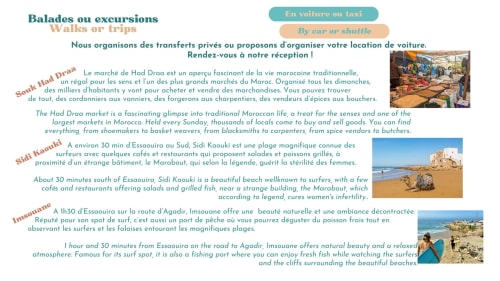 Vent Des Dunes hotel guide to Essaouira walks and excursions including Had Draa market, Sidi Kaouki beach, and Imesouane surf