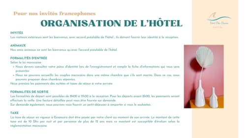Vent Des Dunes hotel guest policies in Essaouira with decorative white vases on pink background
