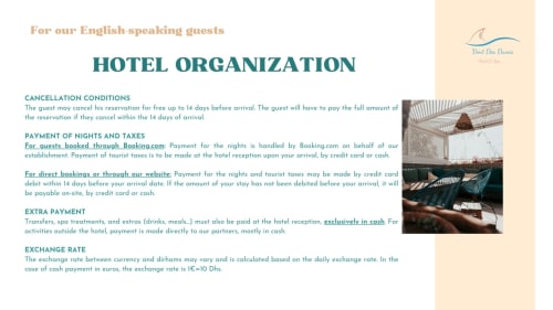 Vent Des Dunes & Spa hotel organization guide for English guests covering cancellation, payment, and exchange rate policies
