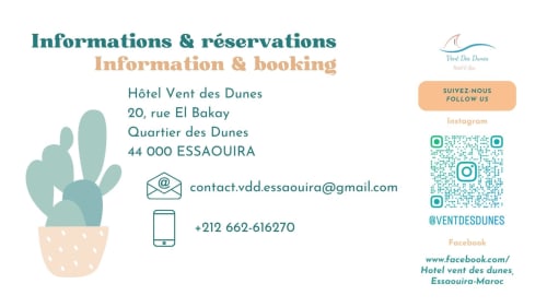 Vent Des Dunes Hotel contact info and booking details in Essaouira, Morocco with social media links