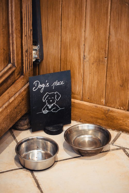 Coin d'alimentation pour chien avec gamelles d'eau et de nourriture à l'Hôtel Savoy, Le Bourget-du-Lac