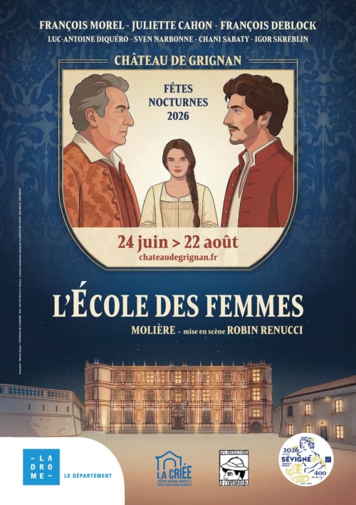 L'École des Femmes theater performance poster for Château de Grignan summer festival 2026