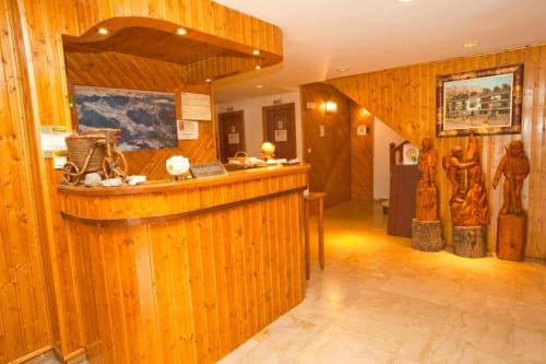 Recepción del Hotel Llibrada en Benasque con paredes de madera, esculturas talladas y mostrador curvo