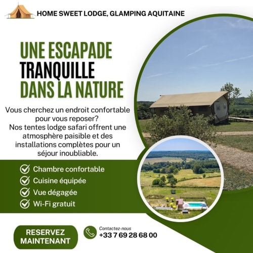 Glamping Safari Home Sweet Lodge en Aquitaine avec vue campagne, piscine et équipements complets