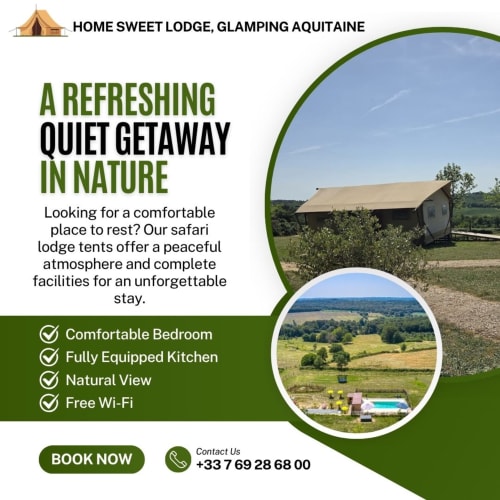 Glamping Home Sweet Lodge en Aquitaine avec vue sur la campagne, piscine et paysage verdoyant