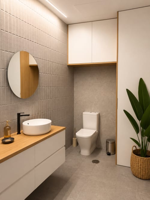 Baño moderno en Alojamientos Apoio 360 con espejo redondo, tocador de madera, inodoro, paredes alicatadas y planta en maceta en Caldas