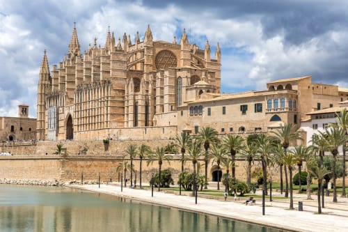Catedral de Palma de Mallorca con paseo marítimo bordeado de palmeras cerca del hostal Villa Palmer en Paguera