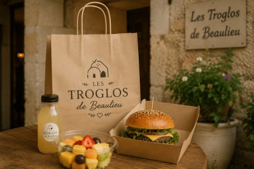 Les Troglos de Beaulieu meal package with branded bag, burger, fruit salad and juice bottle on wooden table