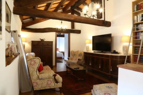 Lussuosa suite Loft Arancione con travi in legno a vista, TV, camino, libreria e arredamenti tradizionali italiani