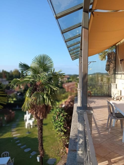 Terrazza Stella della Mia Experience BnB a Monza con palma, vista sul giardino e zona esterna con posti a sedere