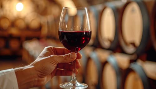 Mão segurando taça de vinho tinto na Quinta Do Carril com pipas de carvalho ao fundo, Portugal